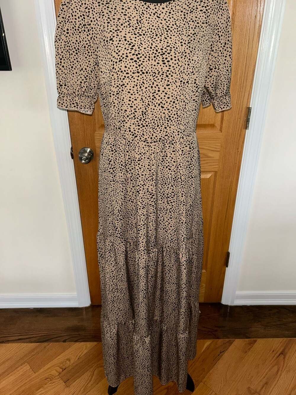 Tan and Black Animal Print Tiered Maxi Dress with Puff Sleeves